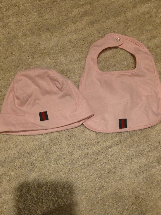 Gucci Other - Gucci Pink Baby Hat and Bib Set with Signature Green-Red Stripe